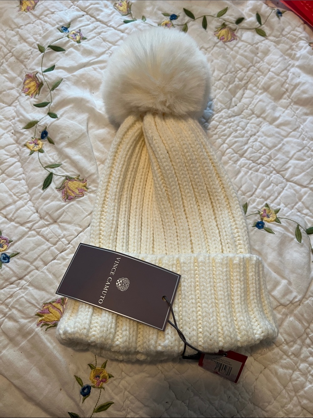 Vince Camuto Ivory Ribbed Knit Pom Hat